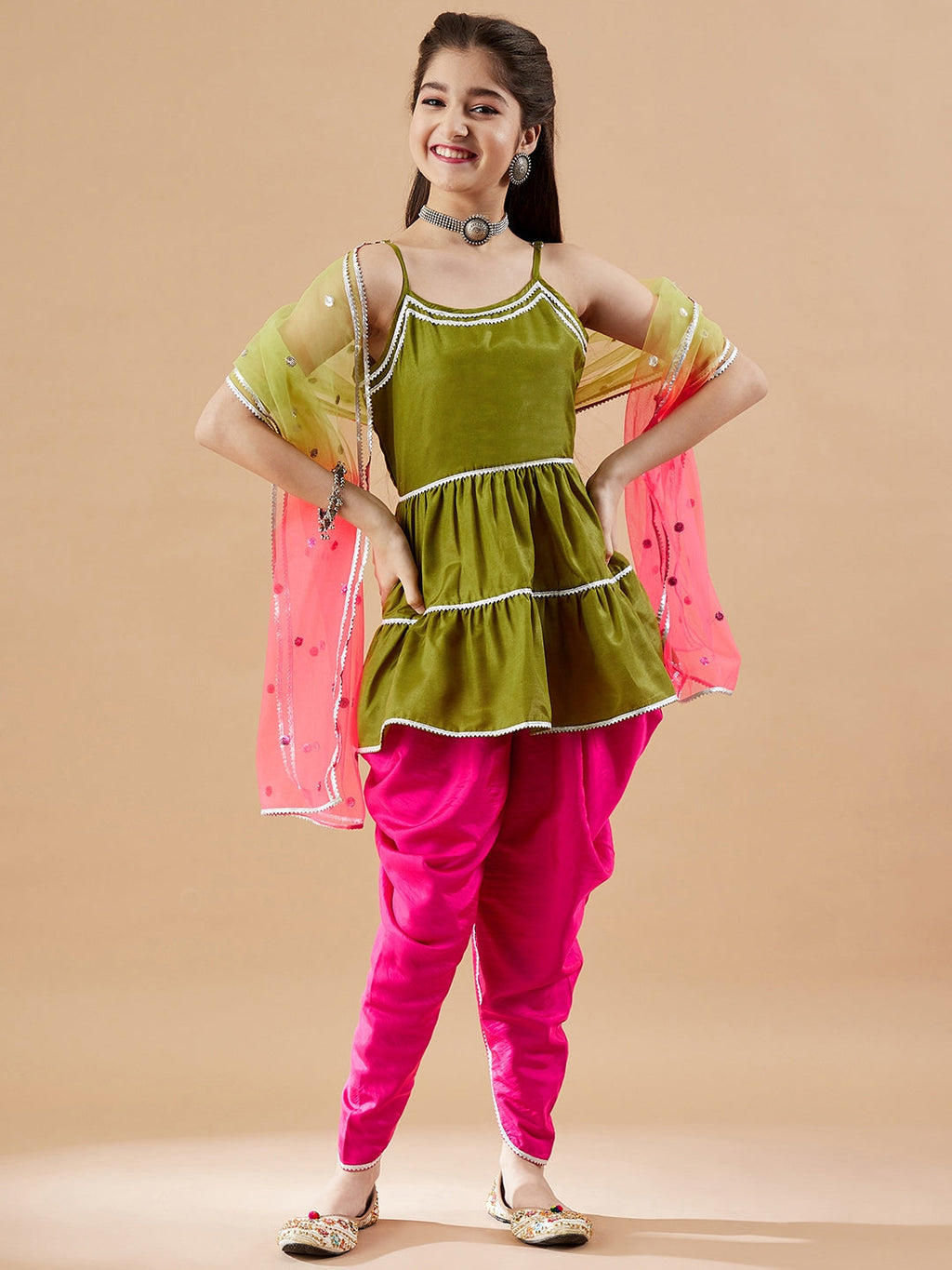 Girls Tiered Gotta Patti Kurti with Dhoti Pants & With Dupatta