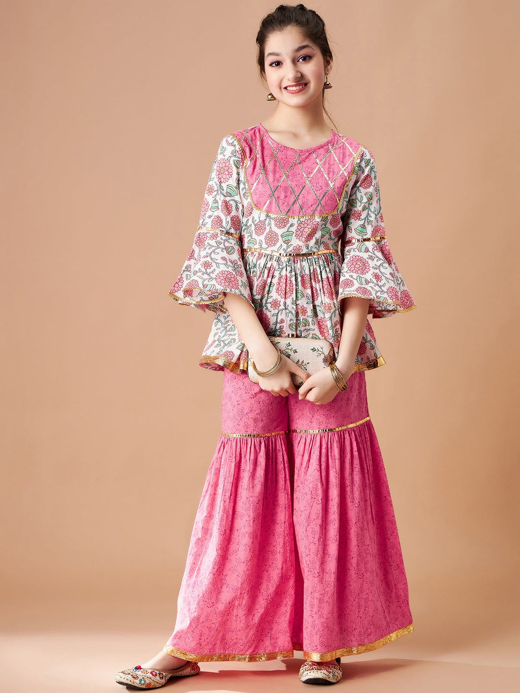 Girls Floral Printed Empire Gotta Patti Pure Cotton Kurti with Sharara