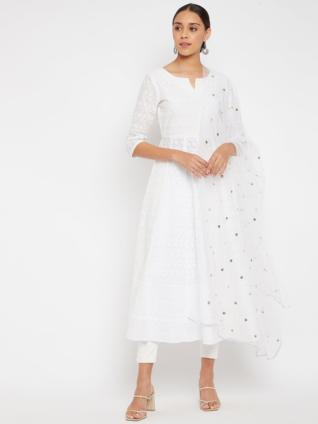 Women White A-Line Kurta with Trouser and Dupatta