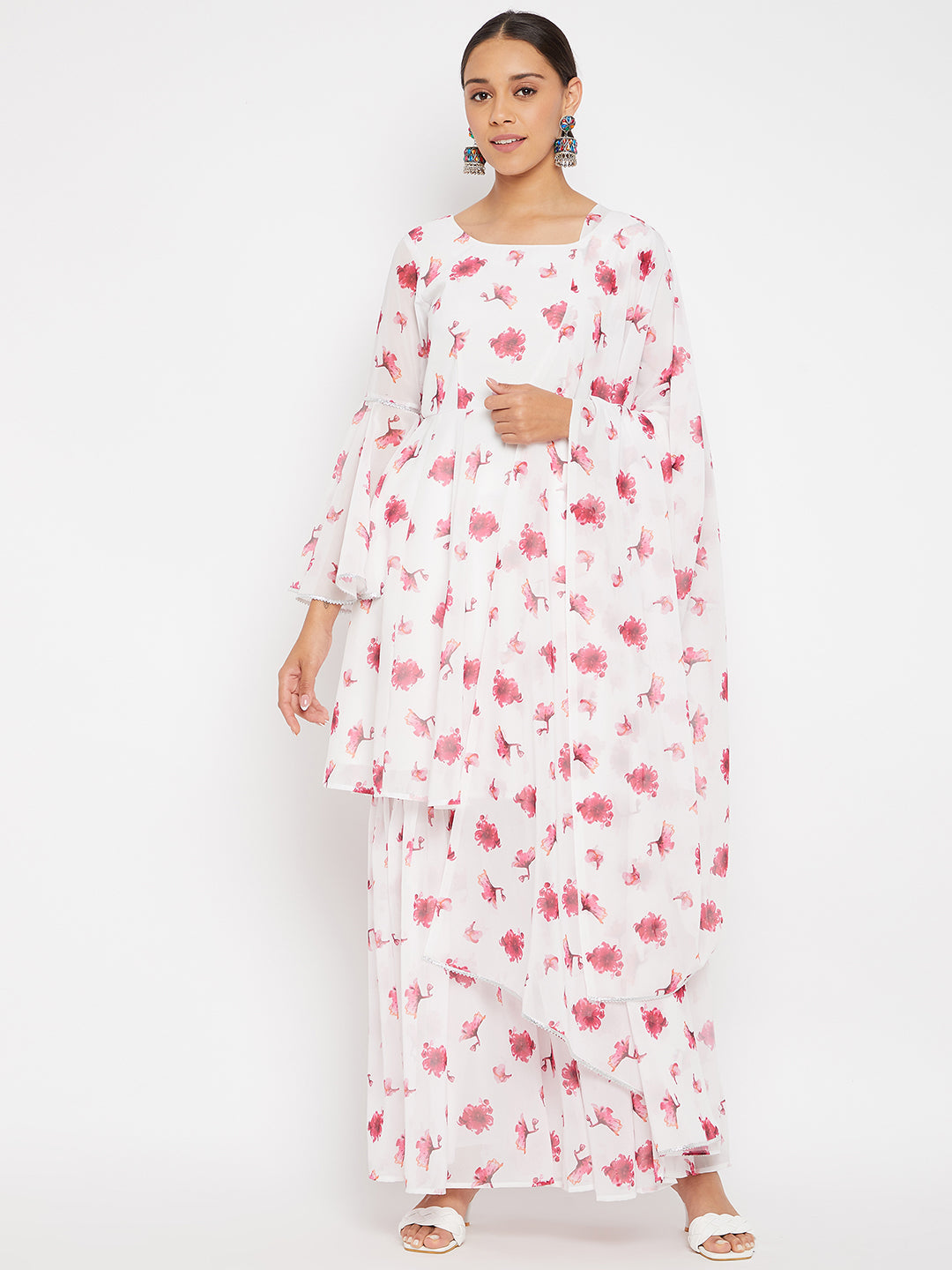 Women White Pink Red Floral Print Sharara Set With Dupatta
