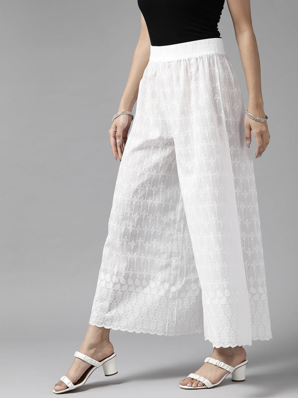Women White Floral Embroidered Cotton Palazzos