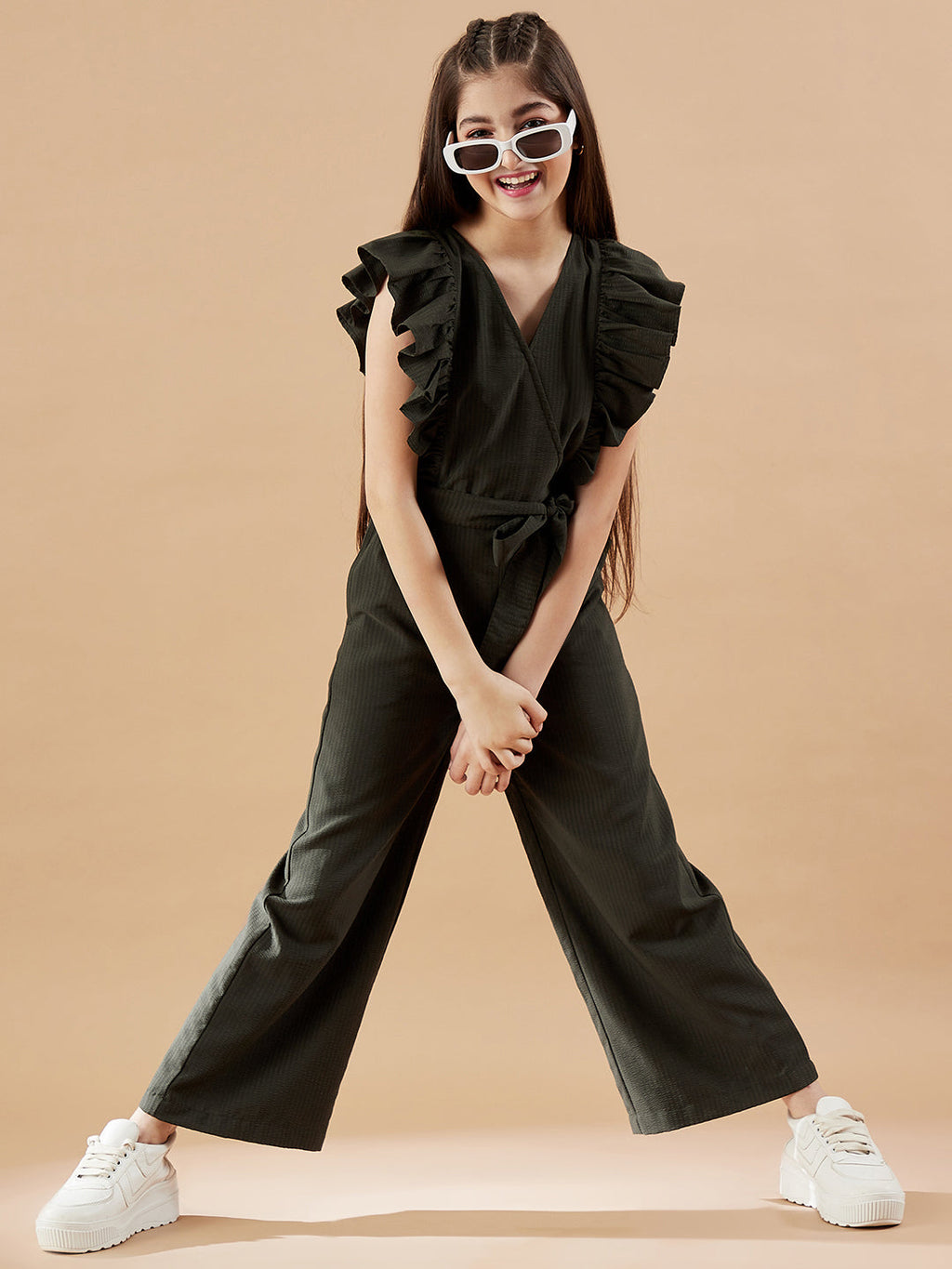 Girls Olive Green Basic Jumpsuit