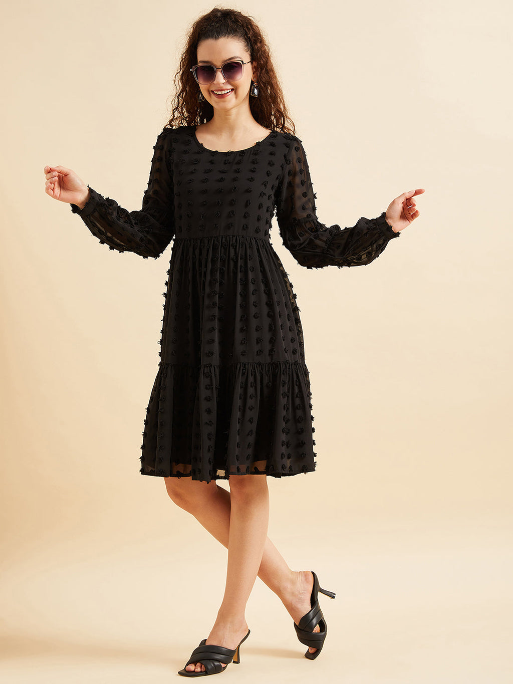 Women Black Puffed Sleeves Tiered Fit  Flare Georgette Dress