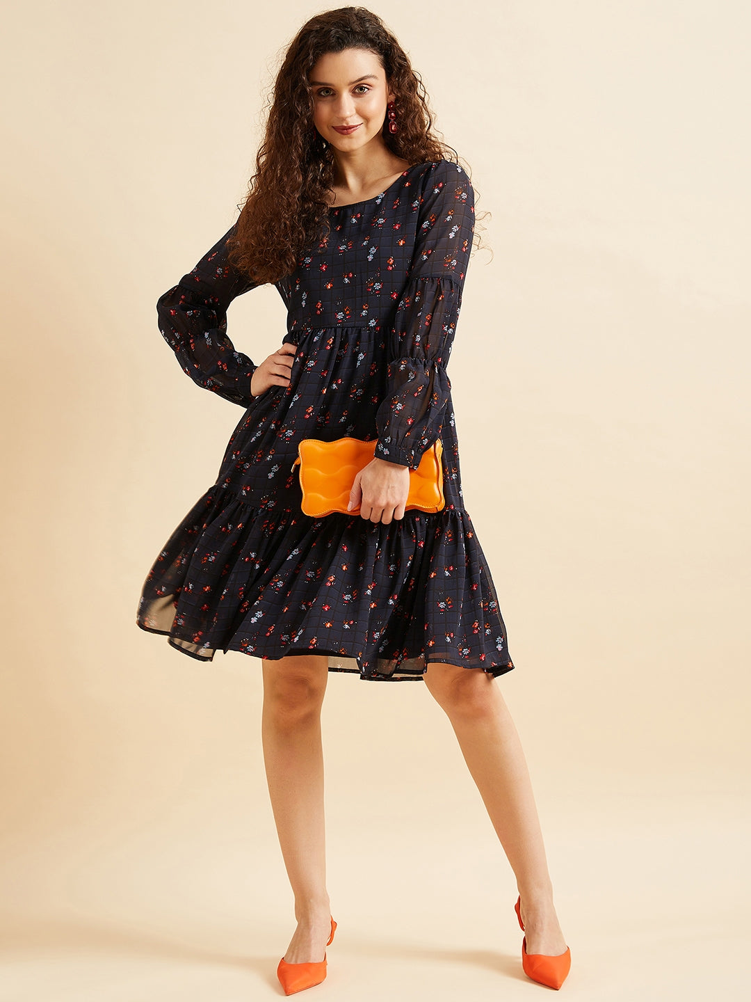 Puffed Sleeves Floral Printed Tiered Fit & Flare Georgette Dress