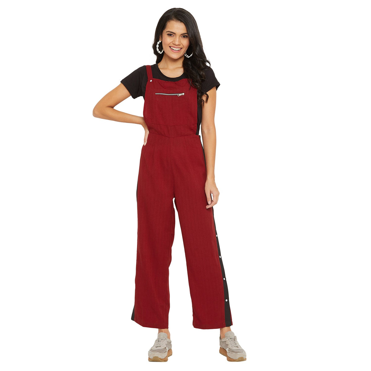 Maroon solid dungarees with side stripes detail