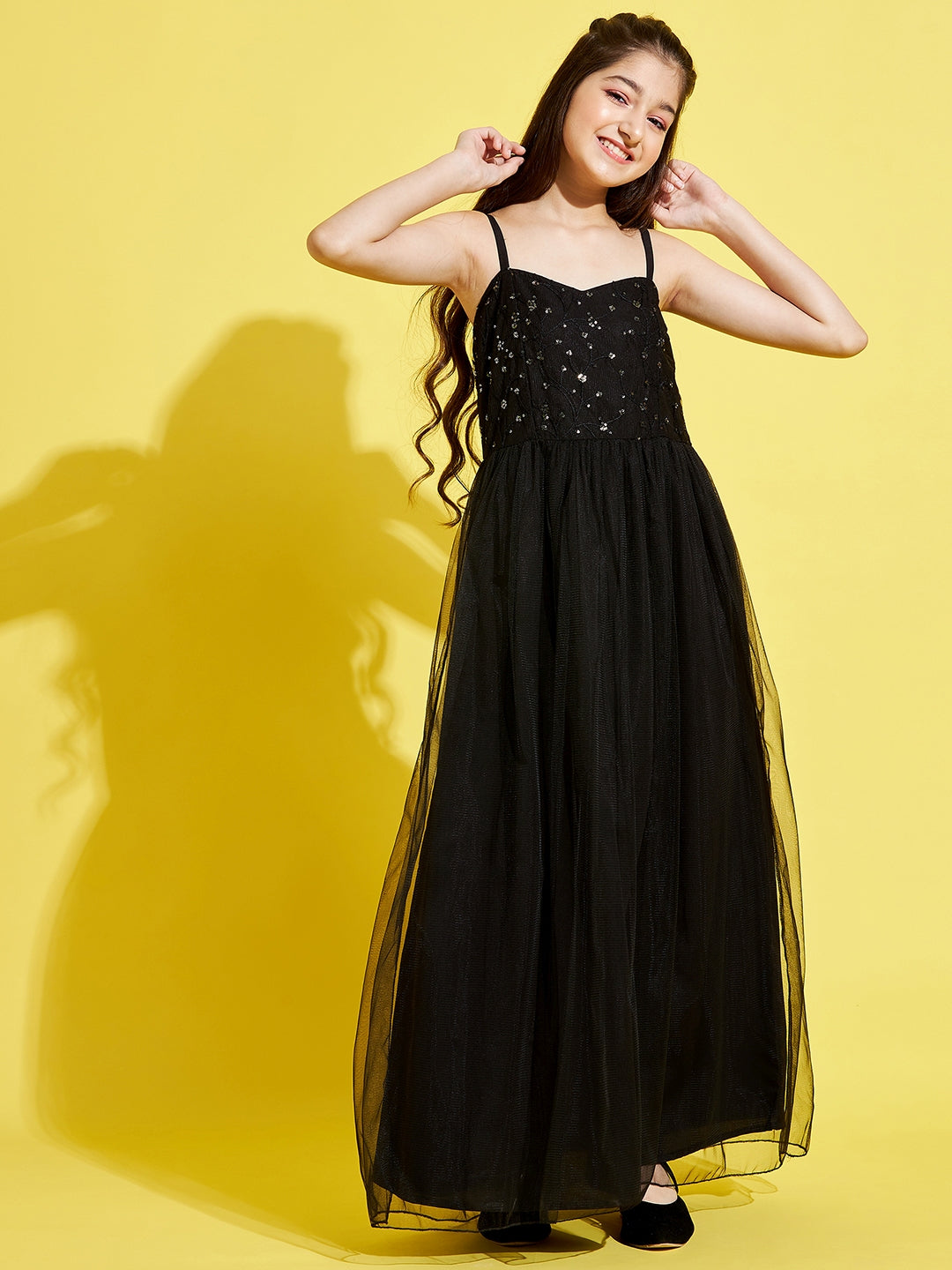 Girls Black Floral Net Maxi Dress