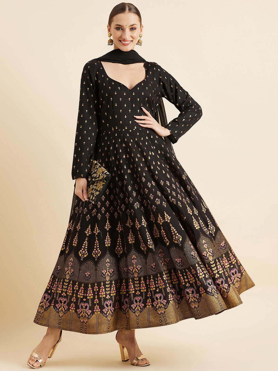 Printed Sweetheart Neck Maxi Ethnic Dress With Dupatta