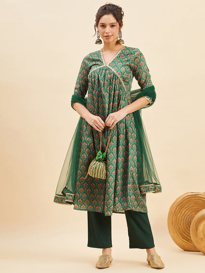 Ethnic Printed Anarkali Kurta With Trousers & Dupatta