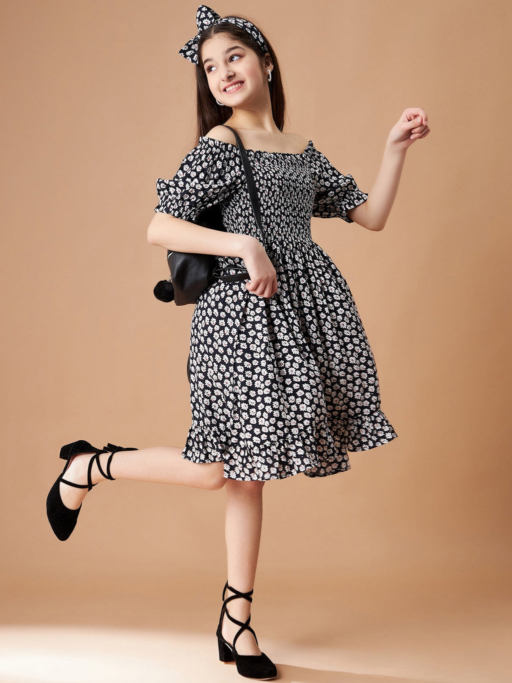 Black Floral Printed Smocking detail a Line Dress
