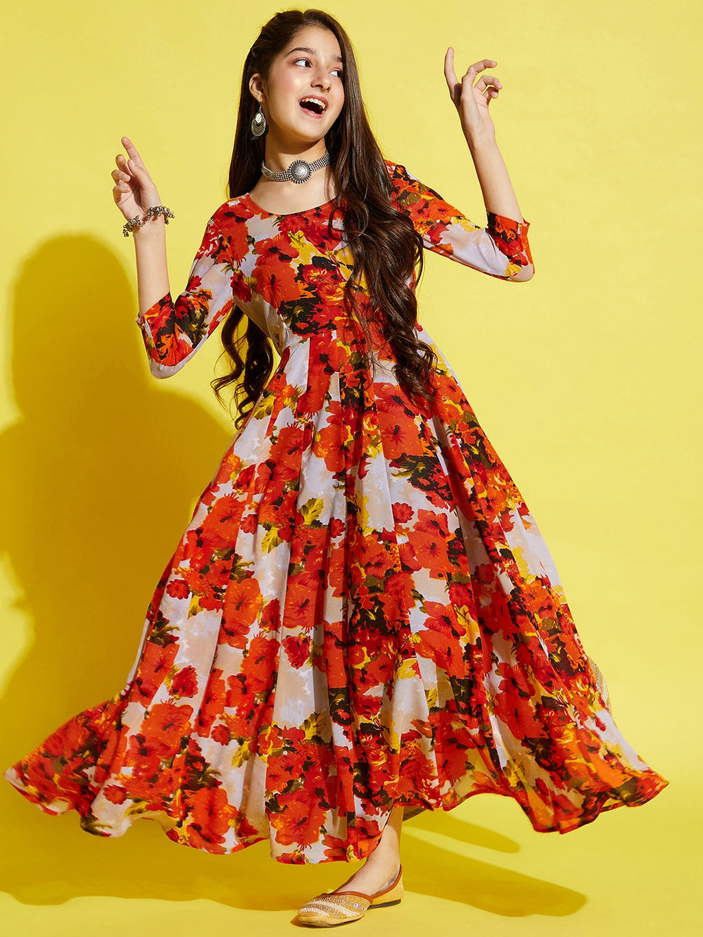 Girls Orange Floral Printed Georgette Ethnic Maxi Dress