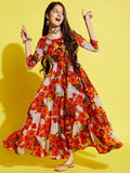 Girls Orange Floral Printed Georgette Ethnic Maxi Dress