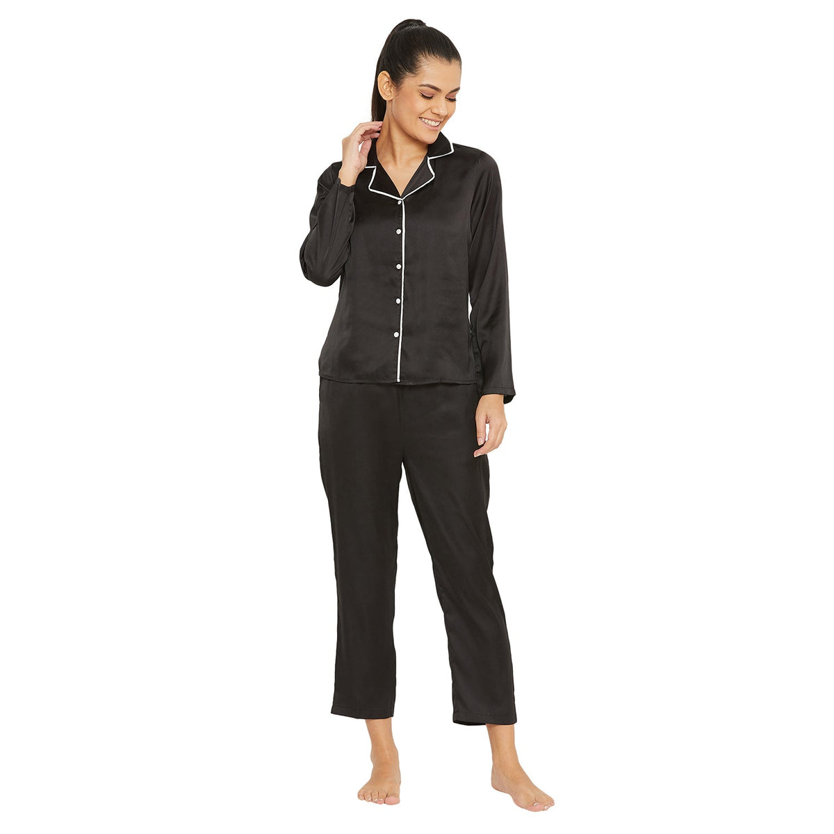 Women Black Satin Finish Solid Night Suit