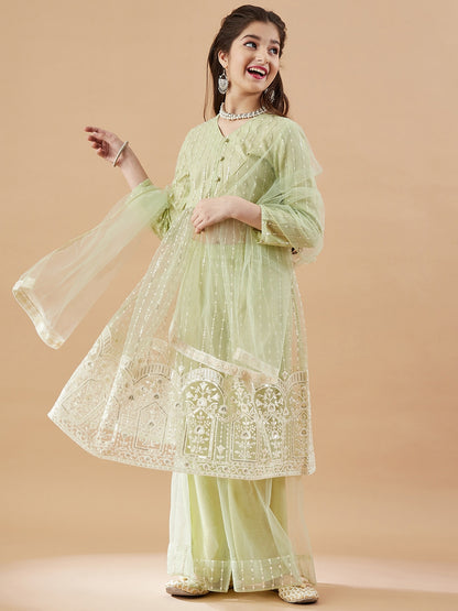 Girls Embroidered Net Empire Kurta with Sharara & With Dupatta