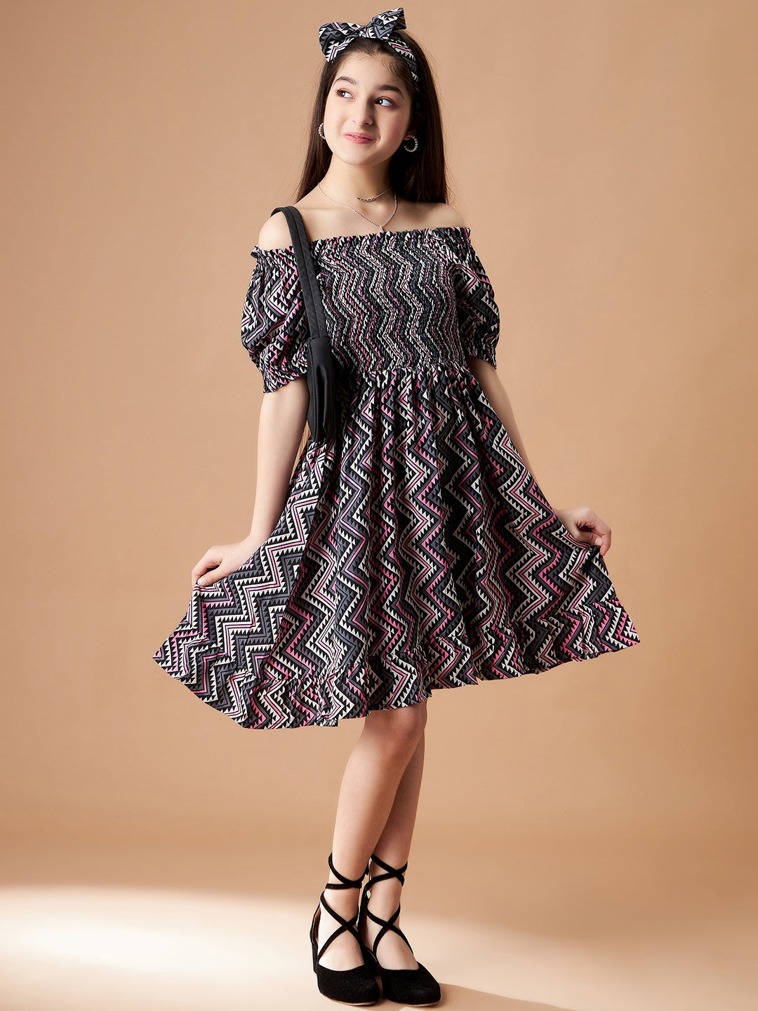 Chevron Printed Smocking A-Line Dress