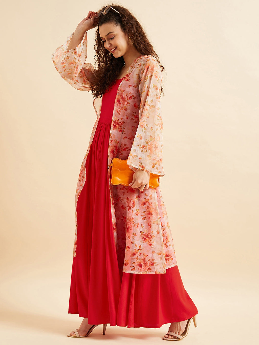 Shoulder Straps Fit & Flare Maxi Ethnic Dress With Printed Shrug