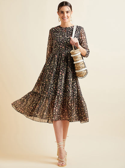 PANIT Black Floral Printed Tiered Georgette Fit  Flare Midi Dress