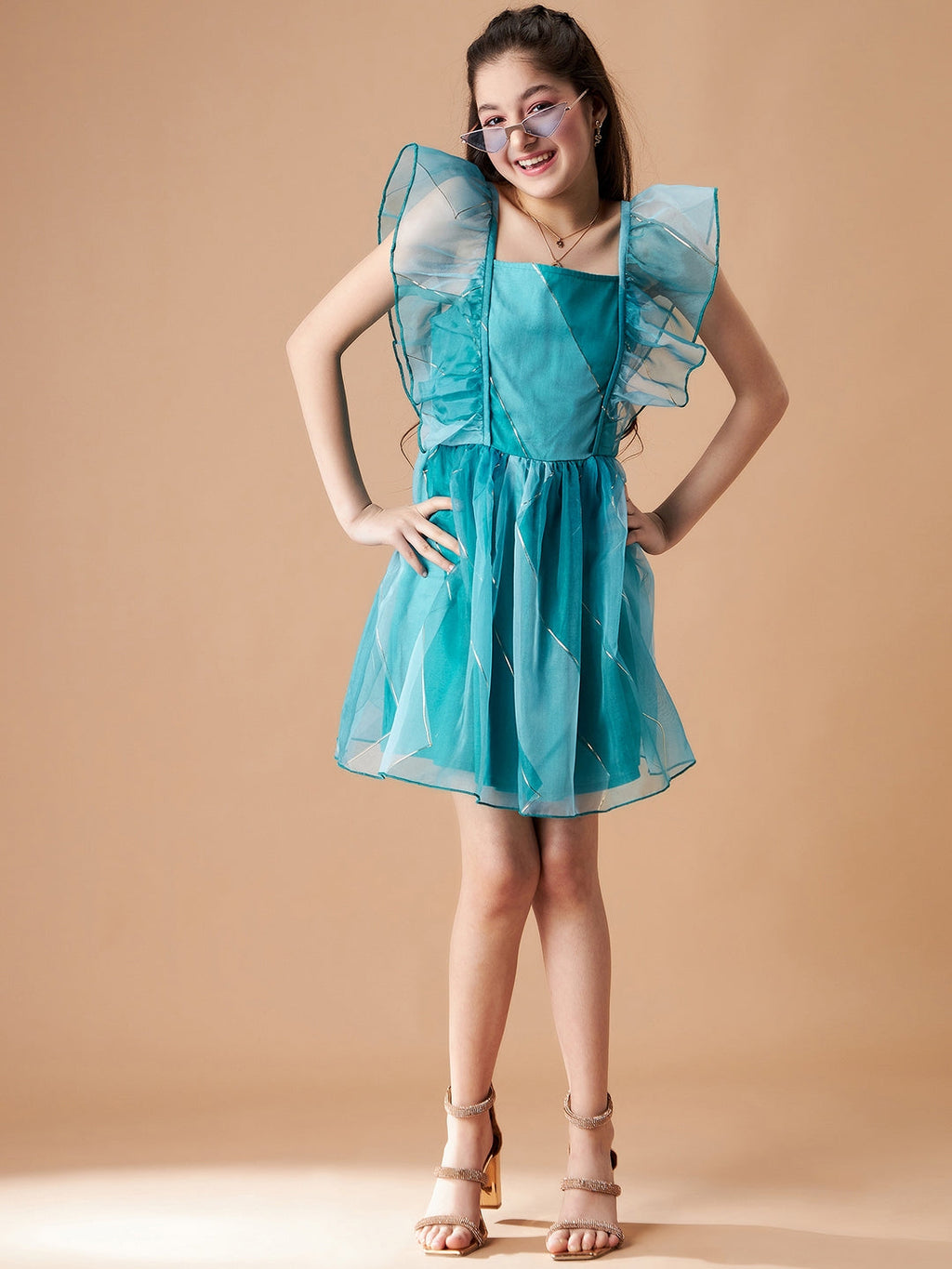 Girls Striped Flutter Sleeves Ruffled Organza Fit & Flare Dress