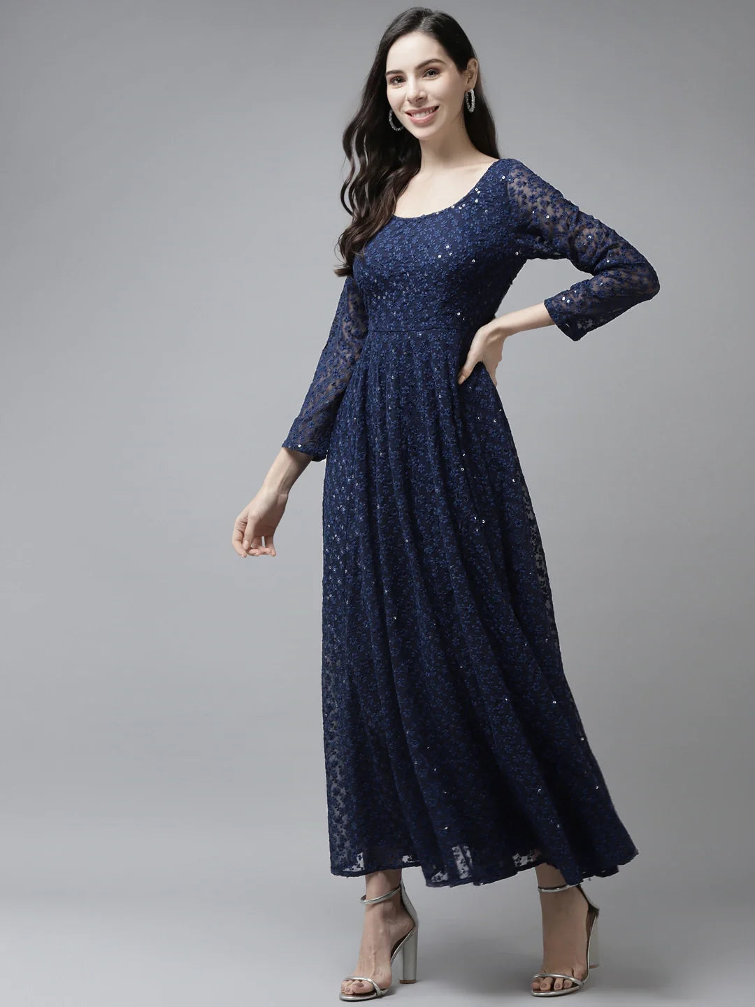 PANIT Women Navy Blue Ethnic Motifs Embroidered Ethnic Maxi Dress