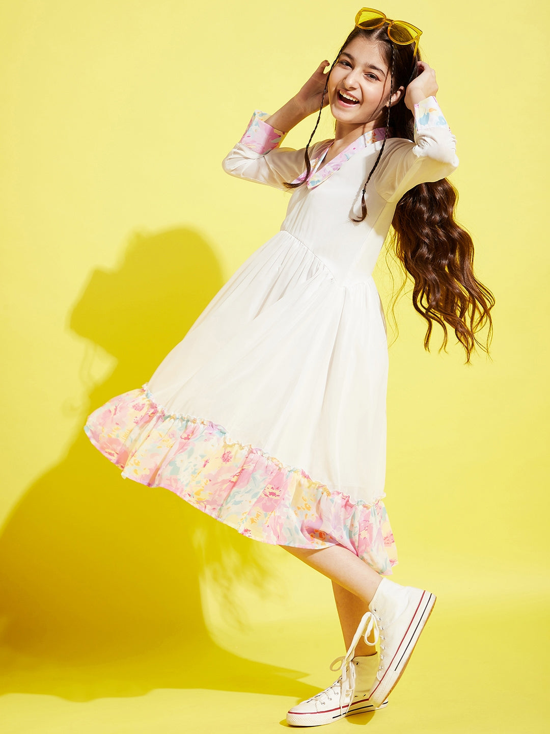 Girls White & Pink A-Line Midi Dress