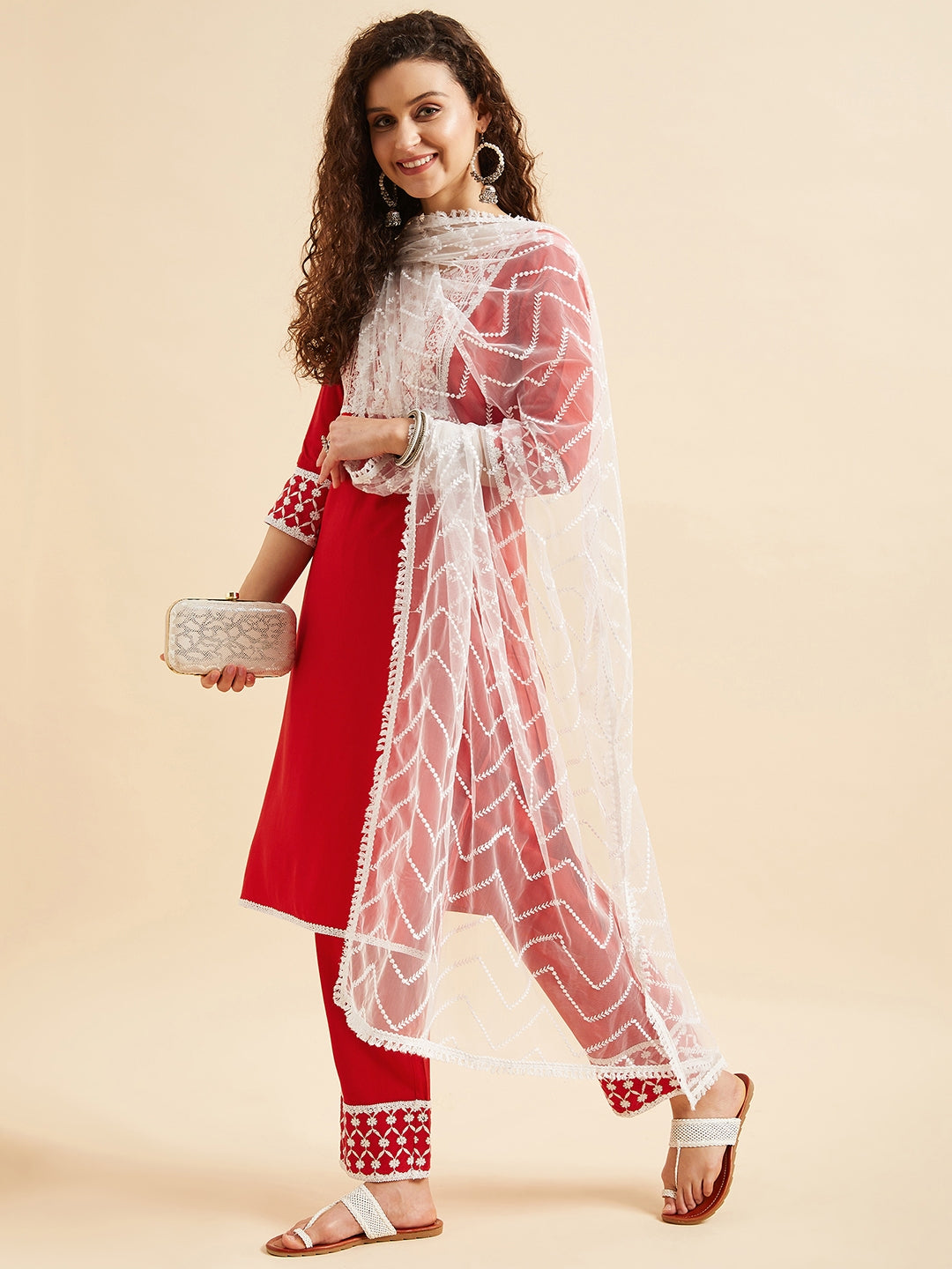 Red & White Ethnic Motifs Yoke Design Thread Work Kurta With Trousers & Dupatta
