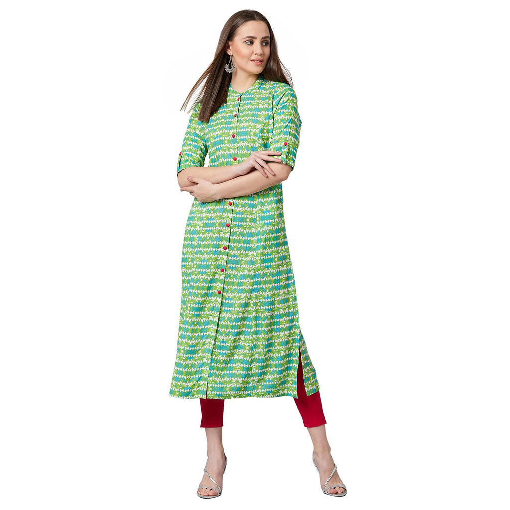 Women Green Printed A-Line Kurta