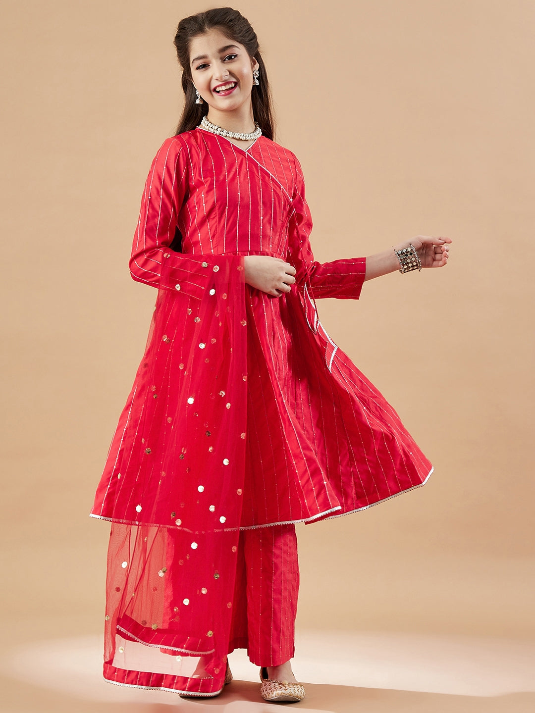 Girls Angrakha Anarkali Kurta with Palazzos & With Dupatta