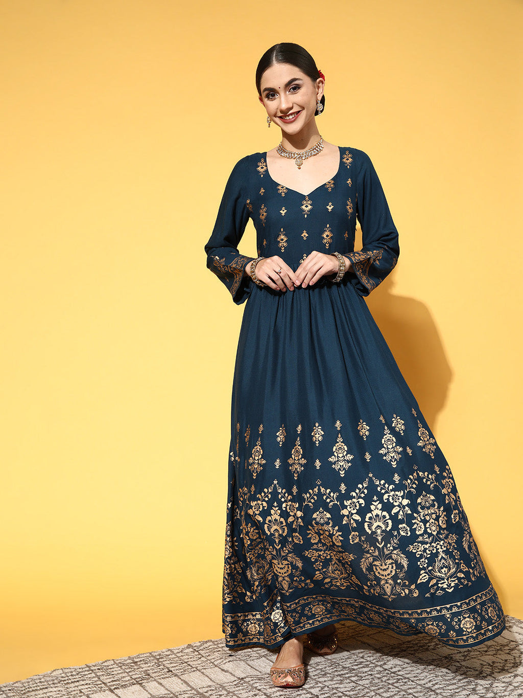 Women Tranquil Teal Ethnic Motifs Swirling Volume Dress