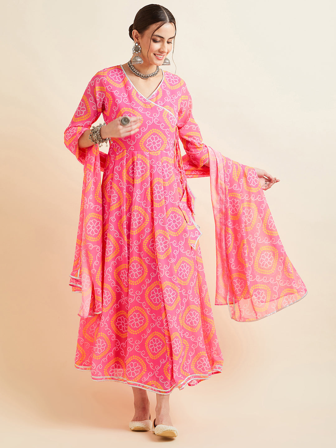 Pink Printed Georgette Angrakha Ethnic Dress With Dupatta