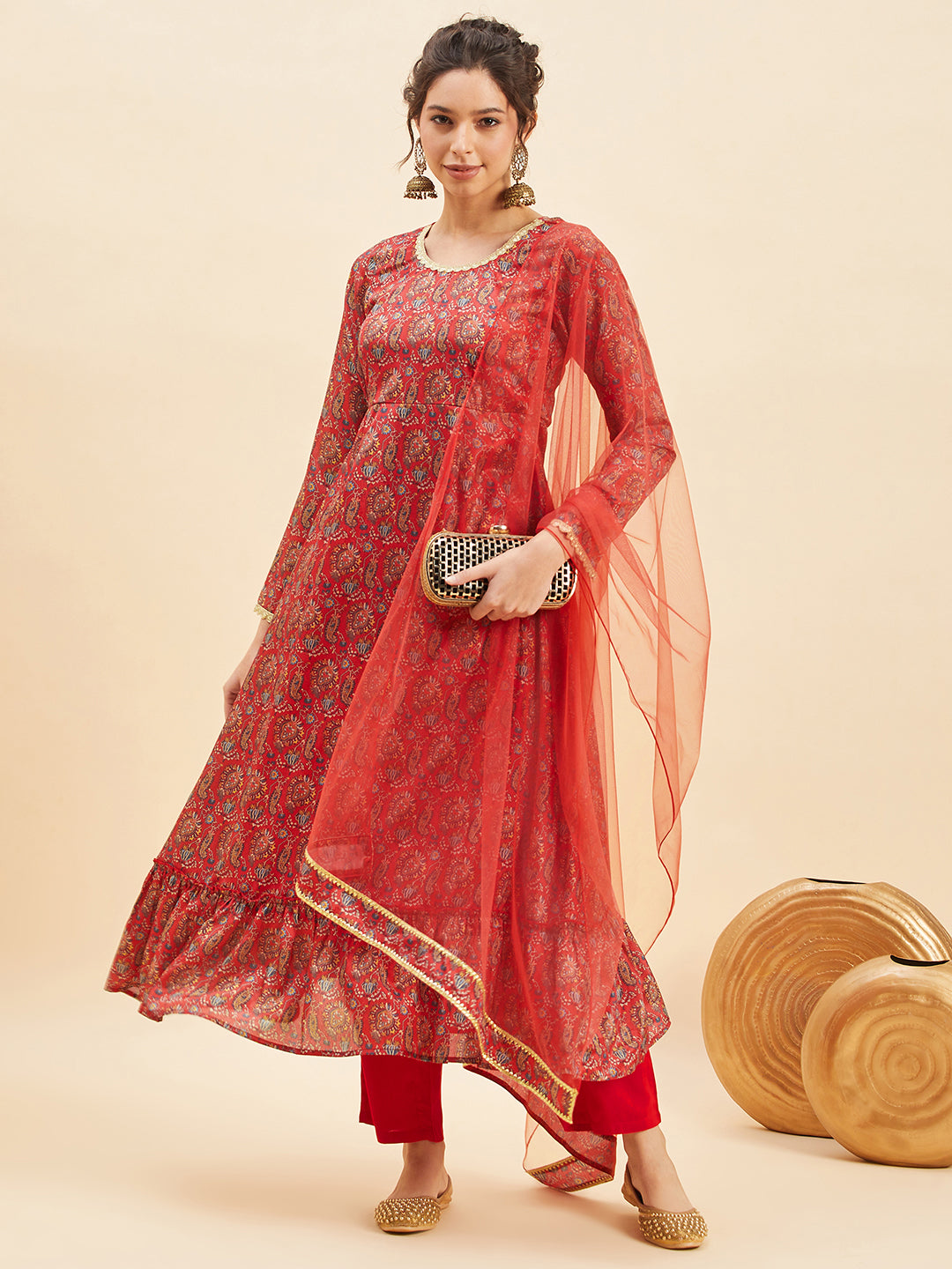 Floral Printed Empire Anarkali Kurta With Trousers & Dupatta