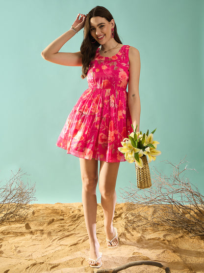 Magenta Pink Floral Print Fit & Flare Dress