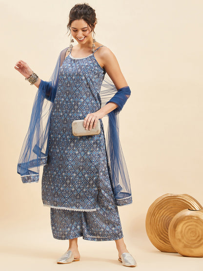 Geometric Printed Shoulder Straps Straight Kurta With Palazzo & Dupatta