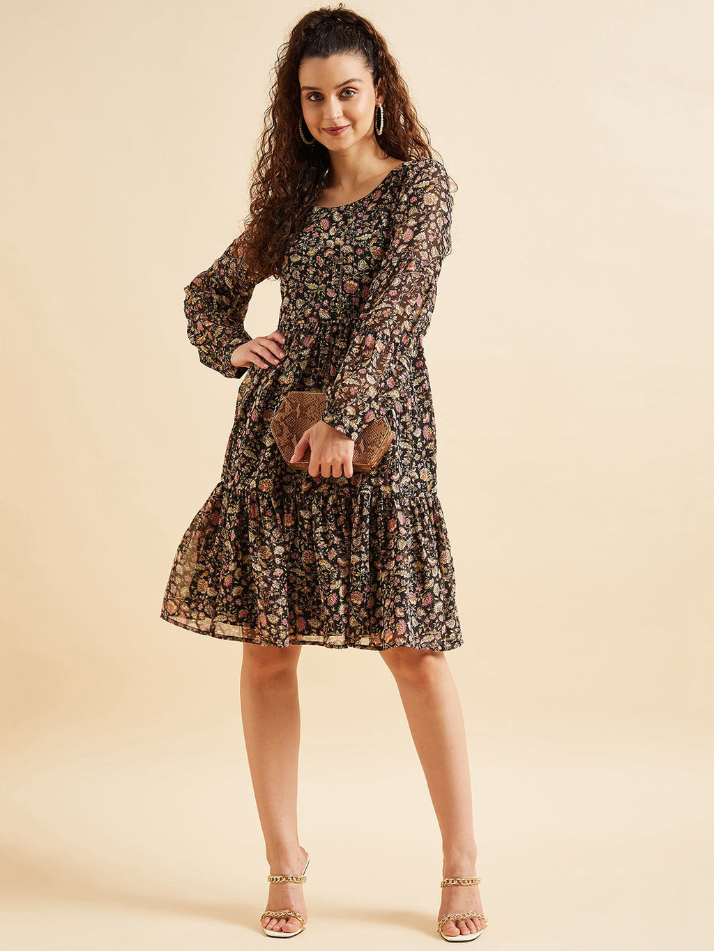 Puffed Sleeves Floral Printed Tiered Fit & Flare Georgette Dress