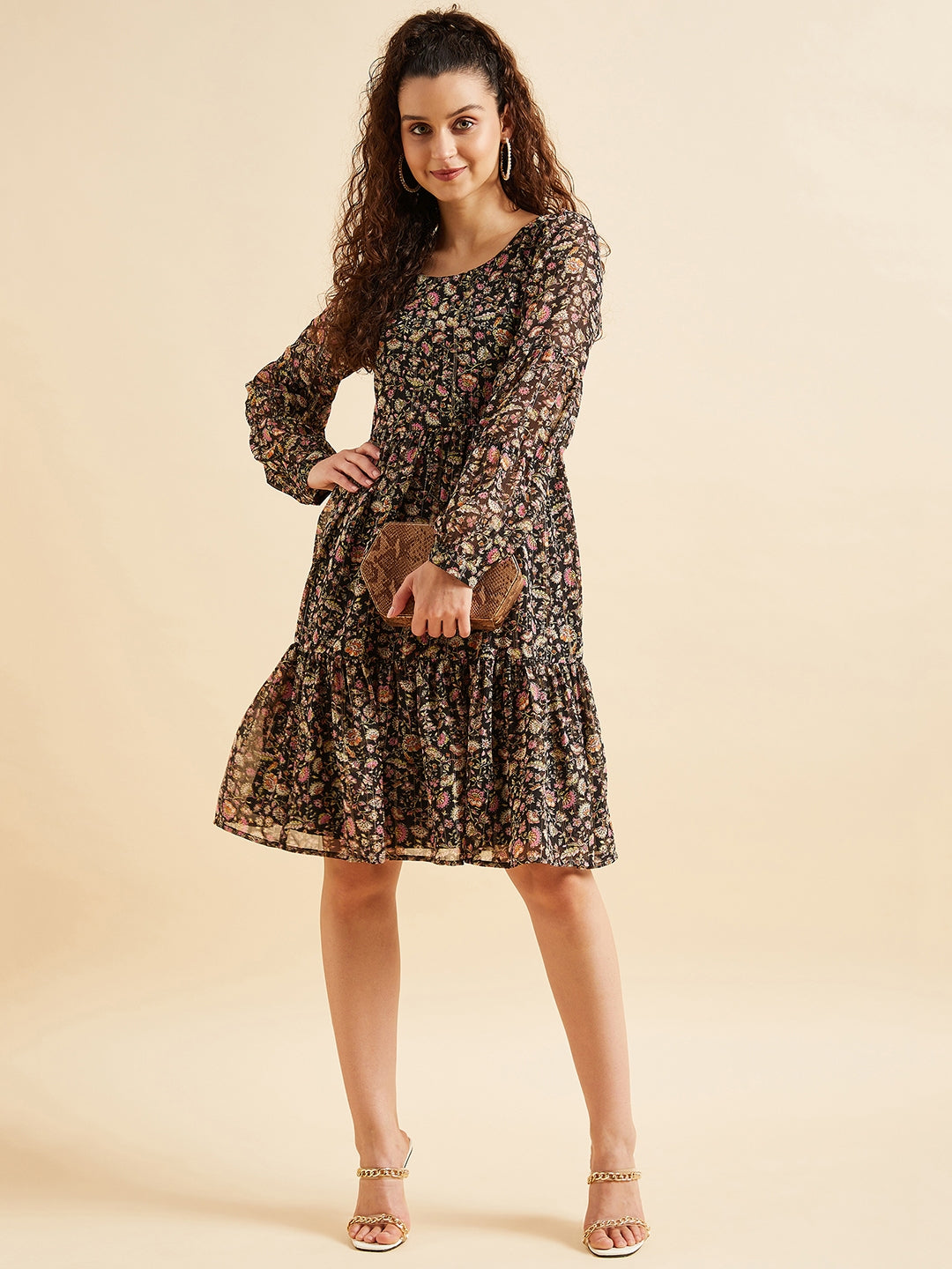 Puffed Sleeves Floral Printed Tiered Fit & Flare Georgette Dress