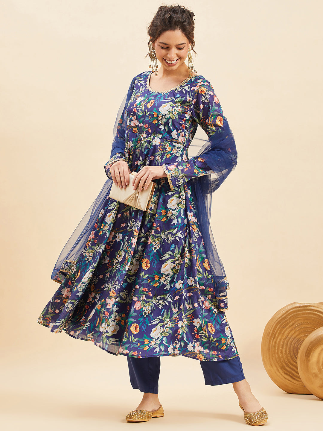 Floral Printed Pleated Anarkali Kurta With Trousers & Dupatta