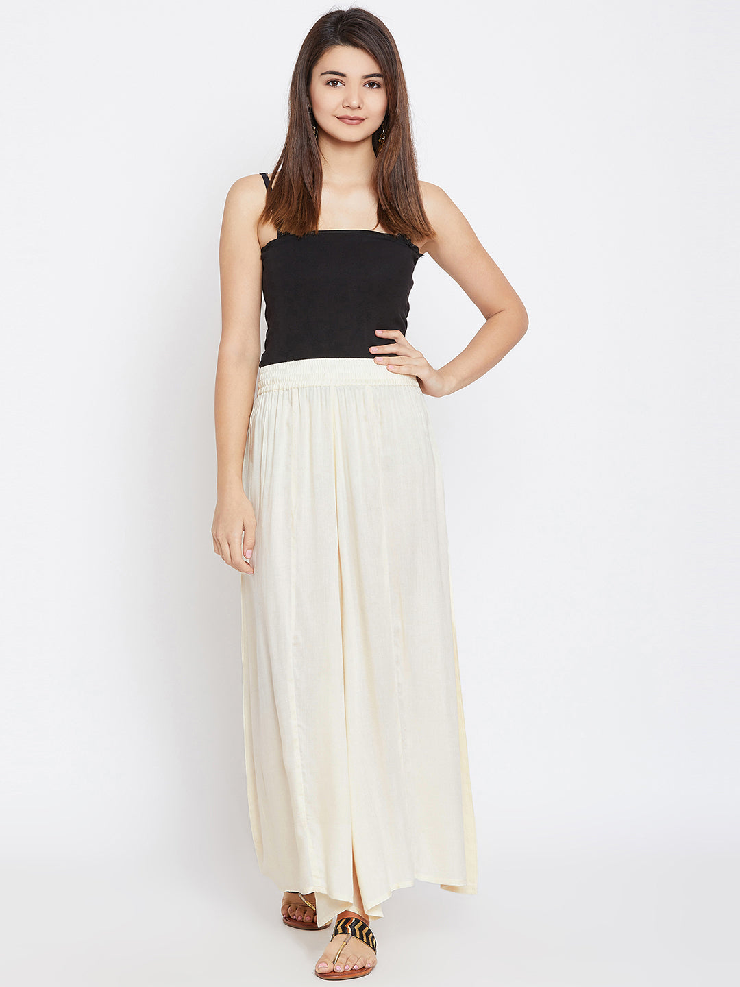 Women Off-White Flared Solid Palazzos