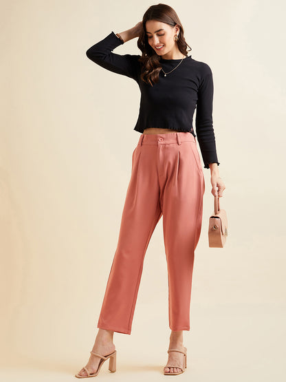 Rust Relaxed Straight Fit High-Rise Pleated Formal Trousers