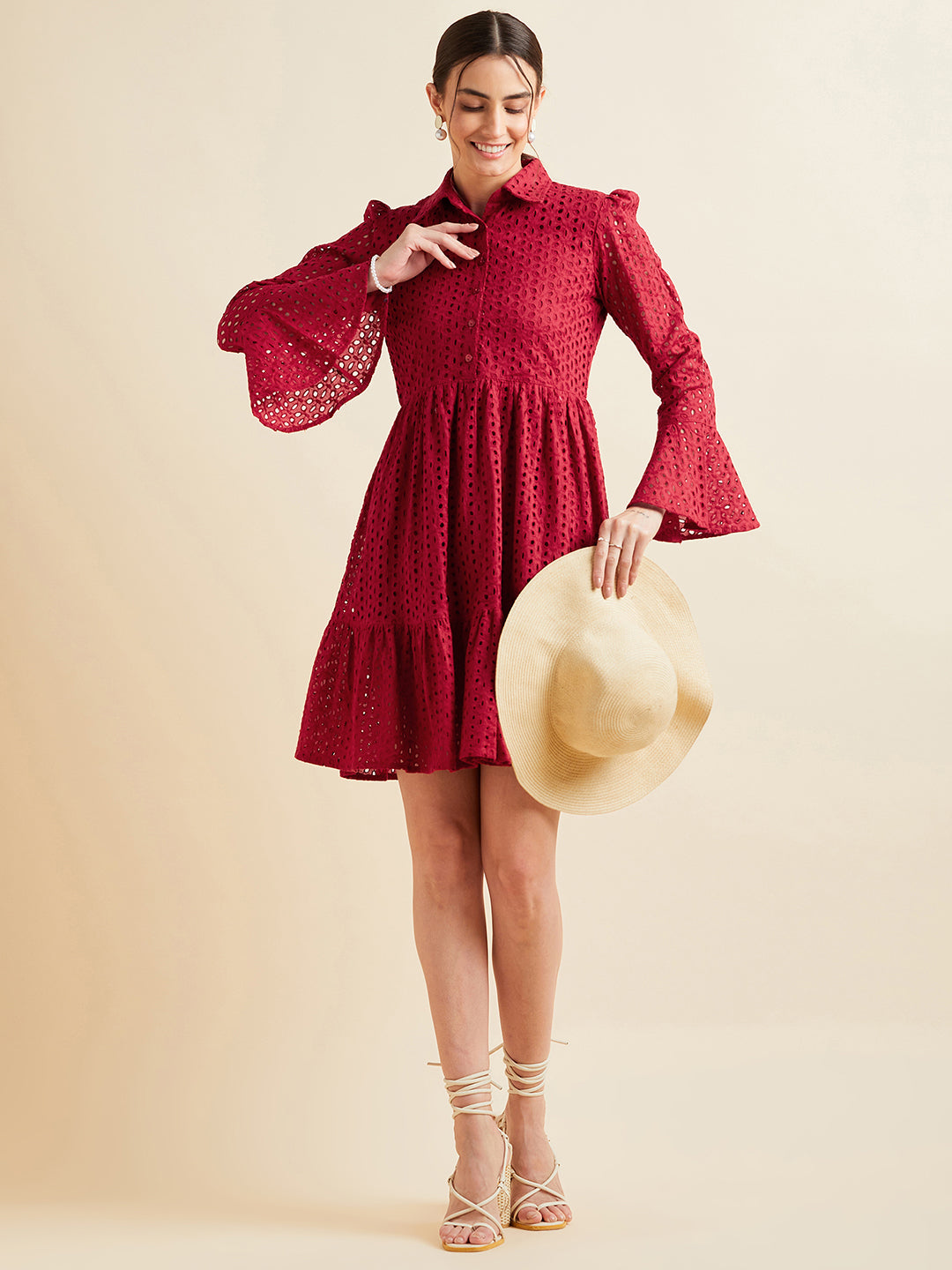 Women Maroon Shirt Collar Bell Sleeve Ruffled Schiffli Cotton A-line Dress
