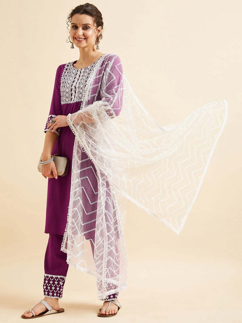 Purple Ethnic Motifs Embroidered Thread Work Regular Kurta with Trousers & Dupatta