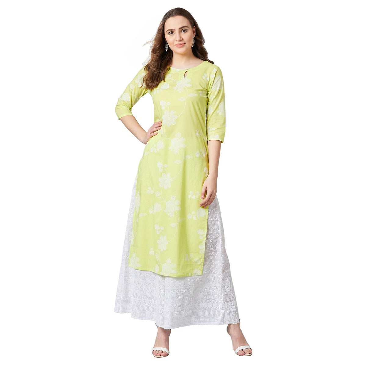 Women Lime Green Printed Straight Kurta