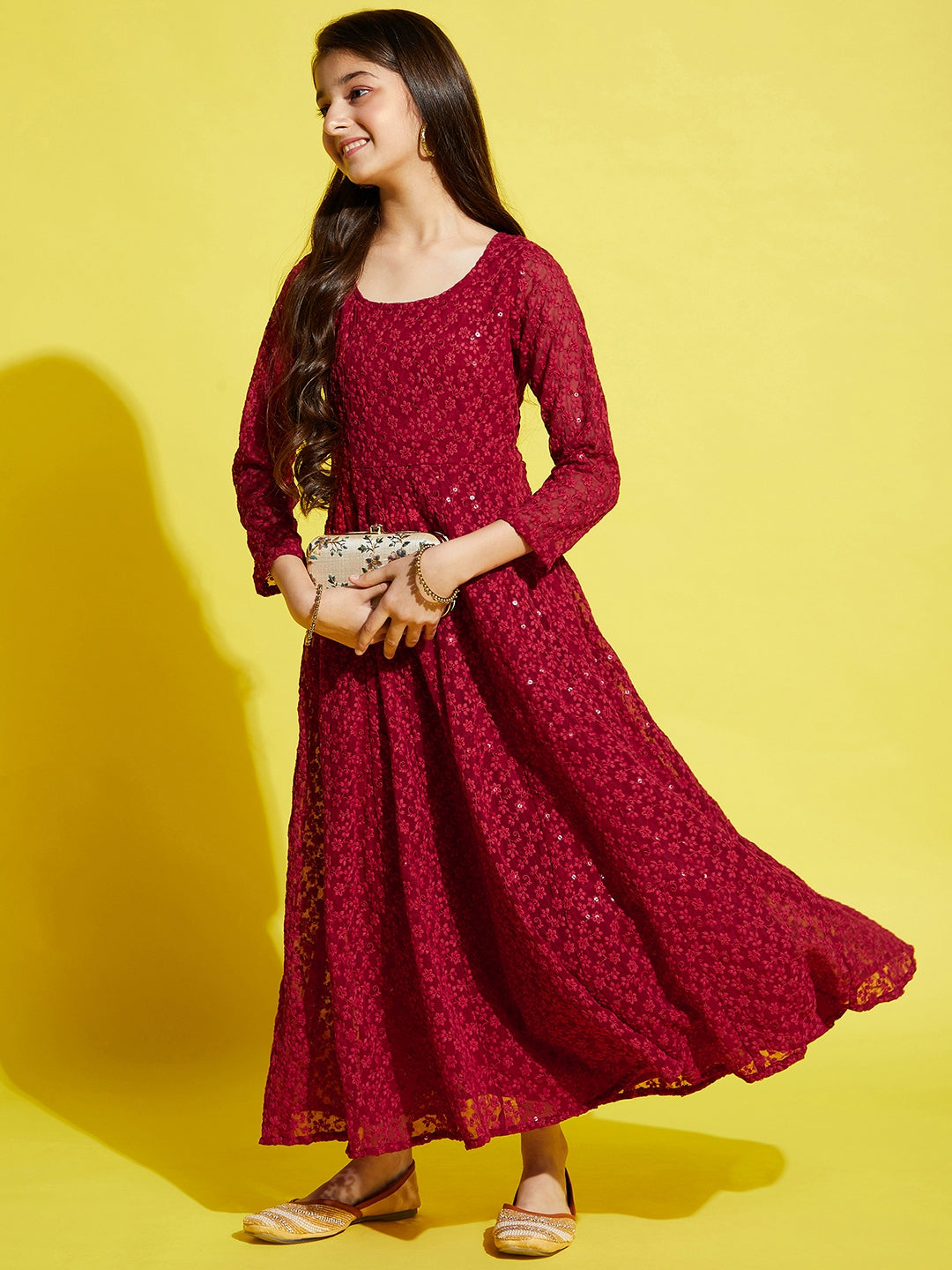 Girls Floral Embroided Maxi Dress - Maroon