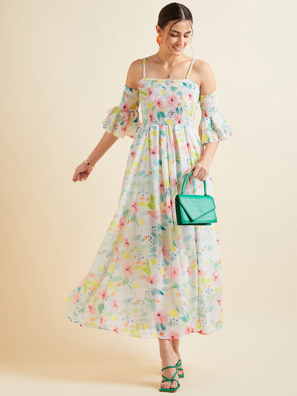 Floral Printed Smocked Off Shoulder Georgette Maxi Dress