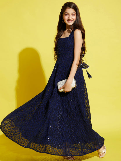 Navy Blue Floral Embroidered Ethnic Maxi Dress