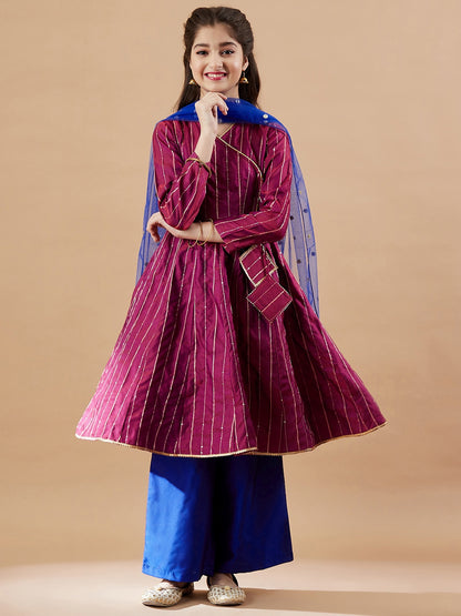 Girls Striped Angrakha Sequinned Kurta with Palazzos & With Dupatta