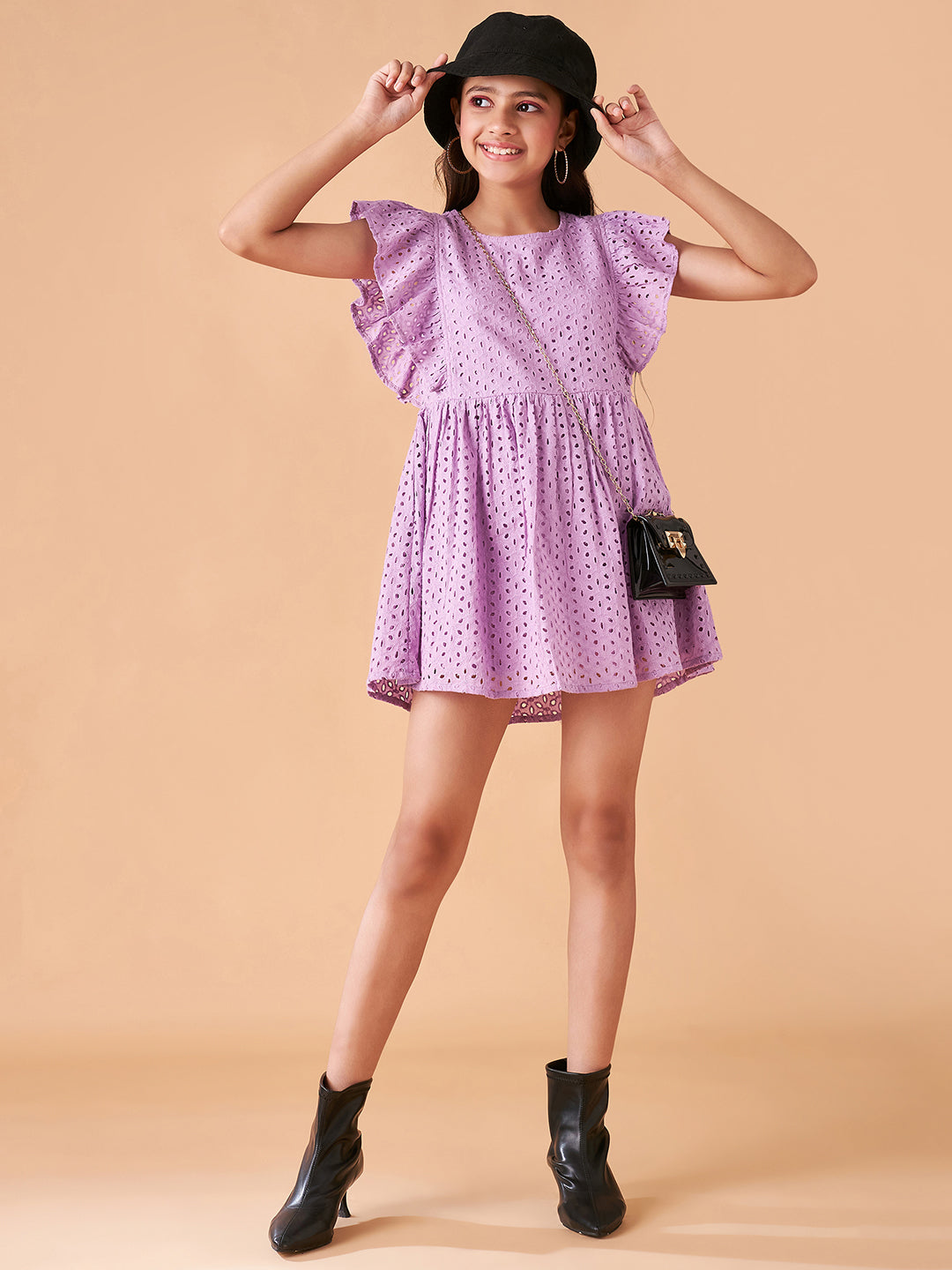 Girls Lavender Flutter Sleeve Fit  Flare Short Dress