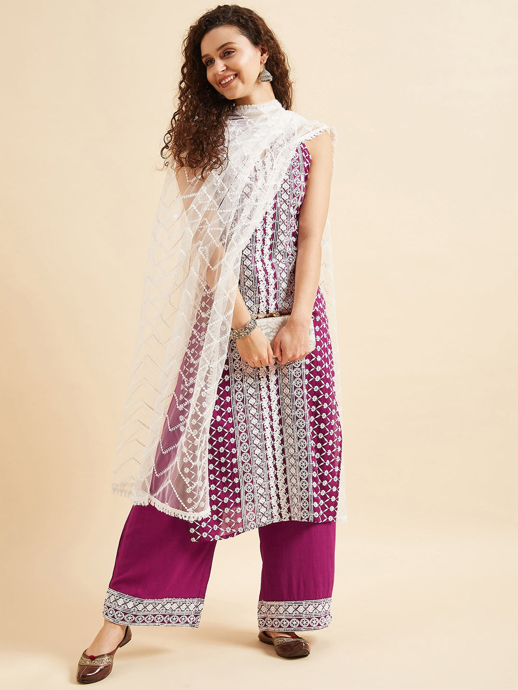 Purple Ethnic Motifs Embroidered Thread Work Regular Kurta with Palazzos & Dupatta