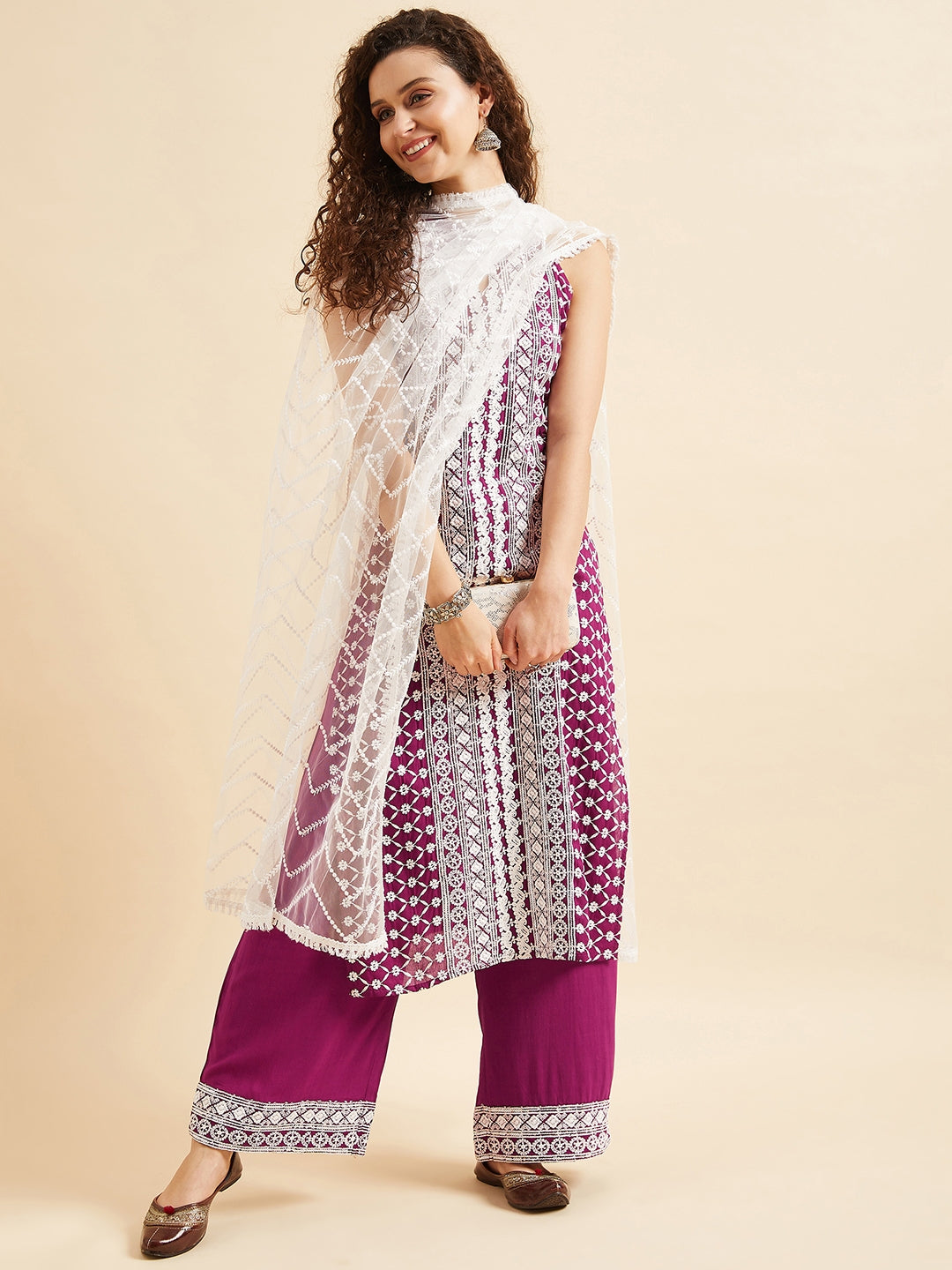 Purple Ethnic Motifs Embroidered Thread Work Regular Kurta with Palazzos & Dupatta