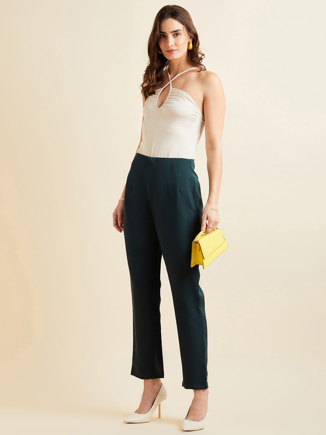 Teal Smart Straight Fit High-Rise Pleated Peg Trousers