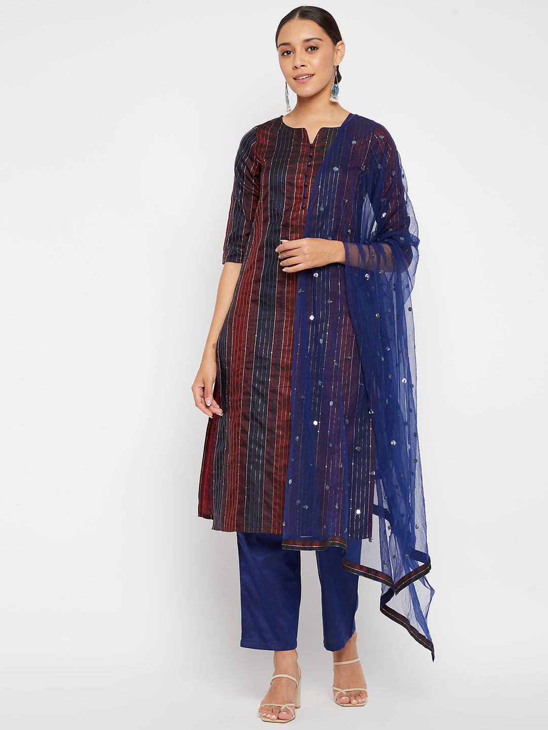 Women Maroon Blue Sequin Straight Kurta Set with Dupatta