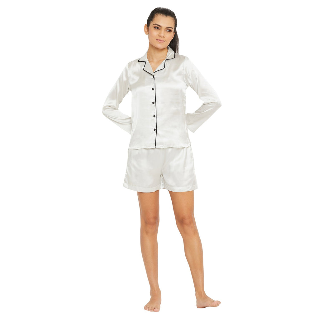 Women White Satin Finish Solid Night Suit