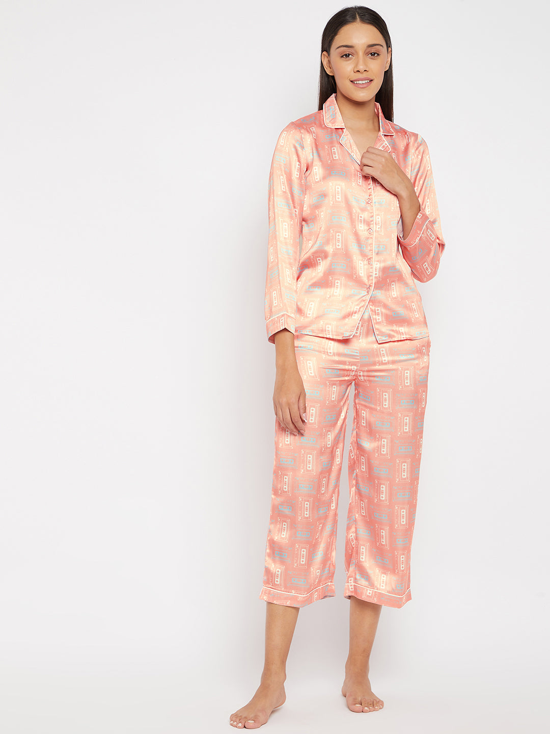 Women Pink & Beige Printed Night suit